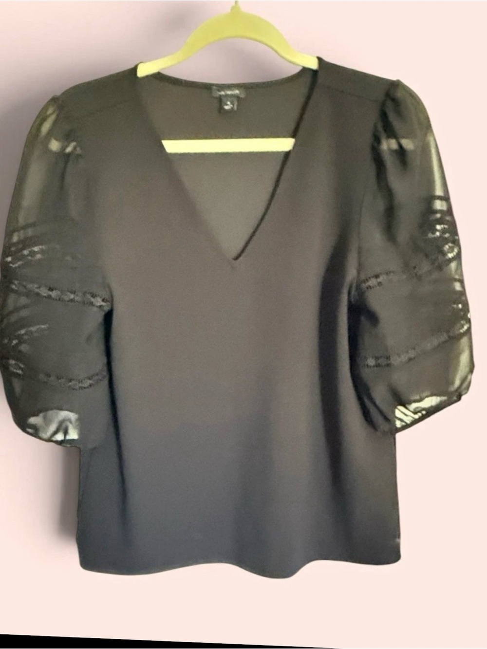 Ann Taylor Black V-Neck Blouse with Sheer Puff Sleeves